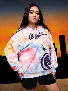 WONDER WOMAN X SHEIN Plus Tie Dye Letter & Figure Graphic Drop Shoulder Sweatshirt - Multicolor - View 5