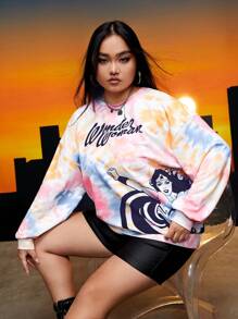 WONDER WOMAN X SHEIN Plus Tie Dye Letter & Figure Graphic Drop Shoulder Sweatshirt - Multicolor - View 7