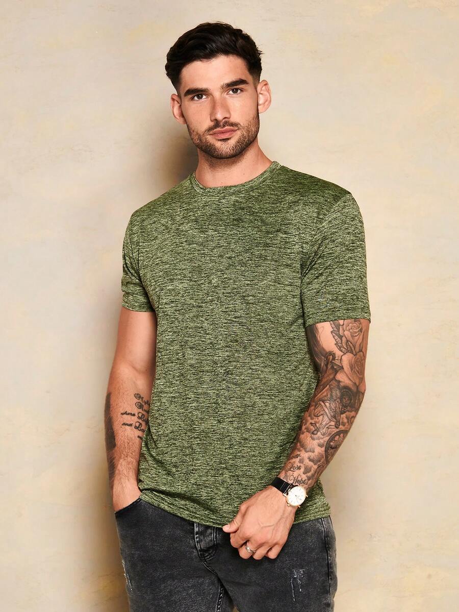 SHEIN Cottnline T-Shirts Hommes Casual Unicolore - Vert - Voir 1