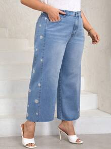 SHEIN LUNE 大碼花卉刺繡闊腿牛仔褲 - 淺色水洗藍 - 查看 1