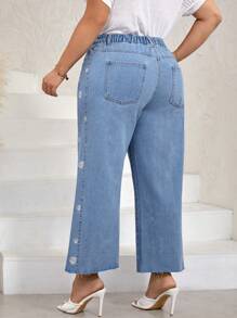 SHEIN LUNE 大碼花卉刺繡闊腿牛仔褲 - 淺色水洗藍 - 查看 2