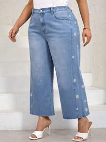 SHEIN LUNE 大碼花卉刺繡闊腿牛仔褲 - 淺色水洗藍 - 查看 4