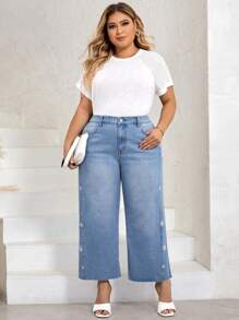 SHEIN LUNE 大碼花卉刺繡闊腿牛仔褲 - 淺色水洗藍 - 查看 5