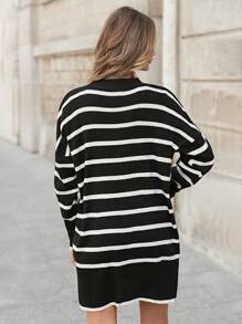EURMUSE Striped Pattern Drop Shoulder Sweater Dress - Black - View 2
