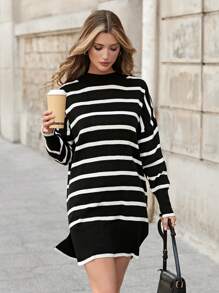 EURMUSE Striped Pattern Drop Shoulder Sweater Dress - Black - View 3