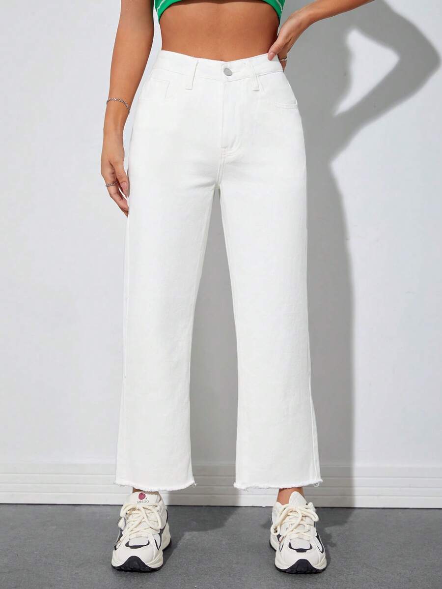 SHEIN PETITE 素色毛邊牛仔褲 - 白色 - 查看 1