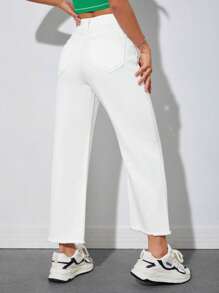 SHEIN PETITE 素色毛邊牛仔褲 - 白色 - 查看 2