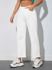 SHEIN PETITE 素色毛邊牛仔褲 - 白色 - 查看 3
