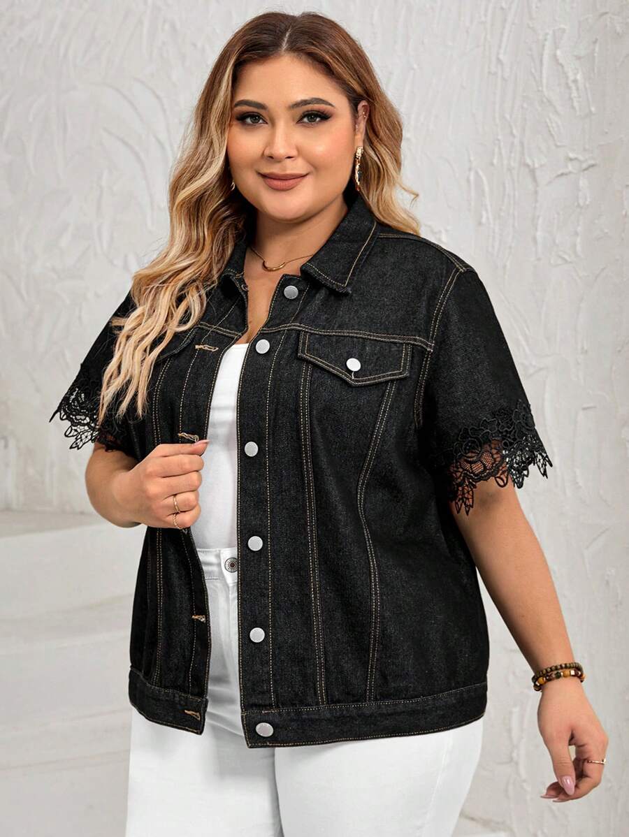 SHEIN LUNE 大碼蕾絲拼接前紐扣牛仔夾克 - 黑色 - 查看 1