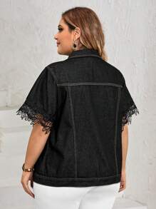 SHEIN LUNE 大碼蕾絲拼接前紐扣牛仔夾克 - 黑色 - 查看 2