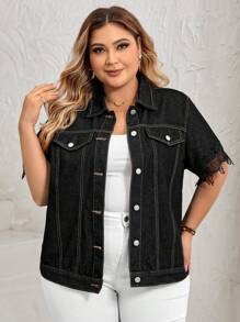 SHEIN LUNE 大碼蕾絲拼接前紐扣牛仔夾克 - 黑色 - 查看 3