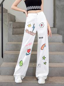 Thiếu niên cô gái Hình ảnh hoạt hình và chữ cái quần ống rộng Quần jean - trắng - Xem 1
