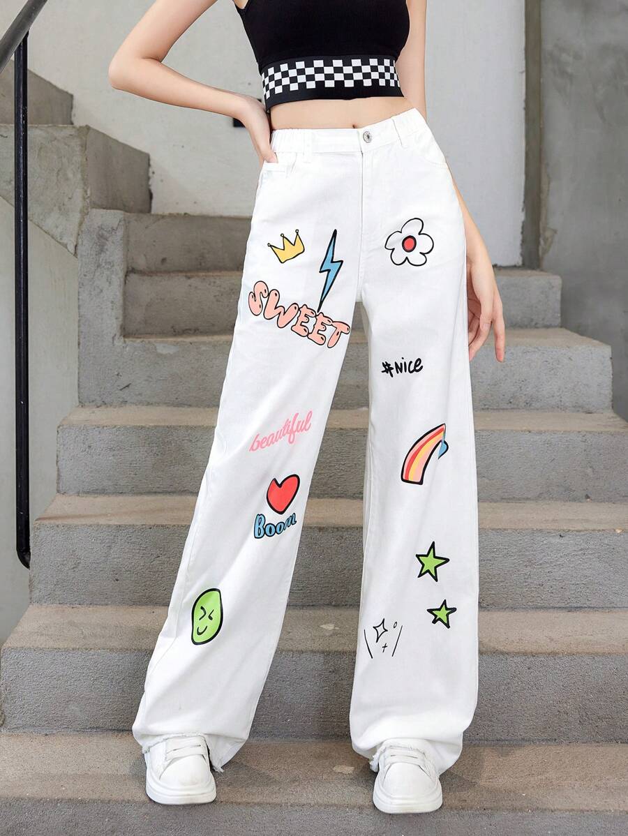 Thiếu niên cô gái Hình ảnh hoạt hình và chữ cái quần ống rộng Quần jean - trắng - Xem 1