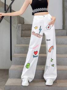 Thiếu niên cô gái Hình ảnh hoạt hình và chữ cái quần ống rộng Quần jean - trắng - Xem 5