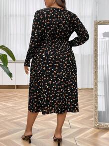 SHEIN LUNE Hơn In hoa Ditsy tay áo lá sen Váy Wrap Hem - màu đen - Xem 3