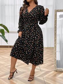 SHEIN LUNE Hơn In hoa Ditsy tay áo lá sen Váy Wrap Hem - màu đen - Xem 6
