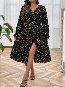 SHEIN LUNE Hơn In hoa Ditsy tay áo lá sen Váy Wrap Hem - màu đen - Xem 7