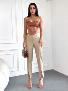 SHEIN Cottnline Solid Split Hem Pants - Beige - View 1