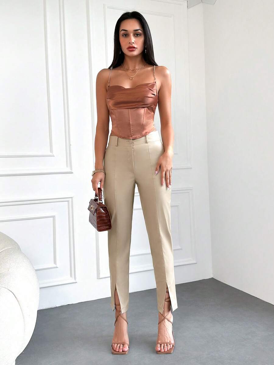 SHEIN Cottnline Solid Split Hem Pants - Beige - View 1