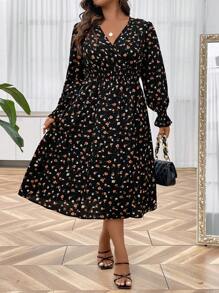 SHEIN LUNE Hơn In hoa Ditsy tay áo lá sen Váy Wrap Hem - màu đen - Xem 8