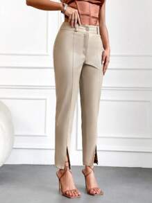 SHEIN Cottnline Solid Split Hem Pants - Beige - View 3