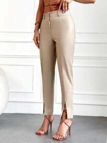 SHEIN Cottnline Solid Split Hem Pants - Beige - View 4