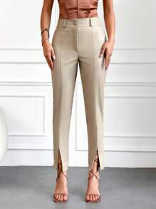 SHEIN Cottnline Solid Split Hem Pants - Beige - View 5