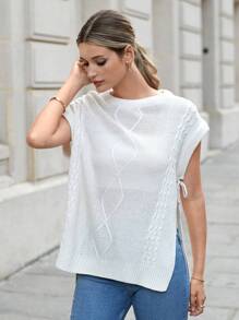 EURMUSE Chất rắn Cà vạt Viền chia cắt Áo len vest - trắng - Xem 1