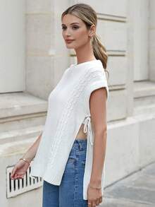 EURMUSE Chất rắn Cà vạt Viền chia cắt Áo len vest - trắng - Xem 4