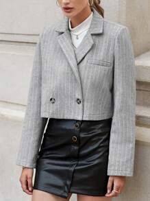 EURMUSE 條紋印花雙排釦短版西裝 - 灰色 - 查看 1