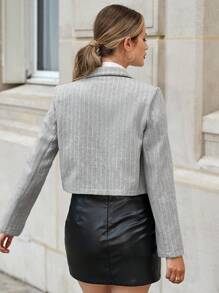 EURMUSE 條紋印花雙排釦短版西裝 - 灰色 - 查看 2