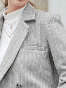EURMUSE 條紋印花雙排釦短版西裝 - 灰色 - 查看 3