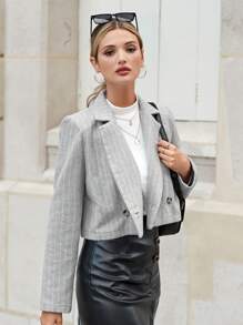 EURMUSE 條紋印花雙排釦短版西裝 - 灰色 - 查看 5