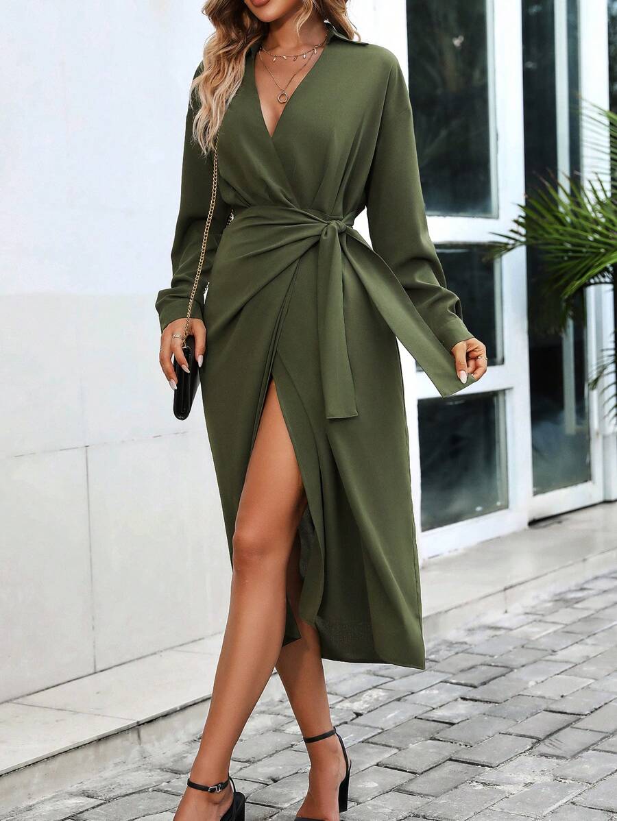 SHEIN Clasi Solid Knot Side Wrap Dress - Army Green - View 1