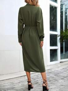 SHEIN Clasi Solid Knot Side Wrap Dress - Army Green - View 2