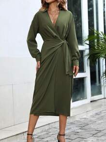 SHEIN Clasi Solid Knot Side Wrap Dress - Army Green - View 4