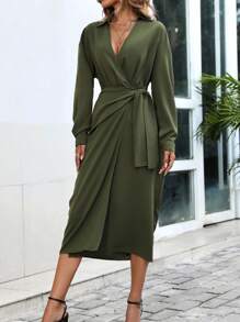 SHEIN Clasi Solid Knot Side Wrap Dress - Army Green - View 6