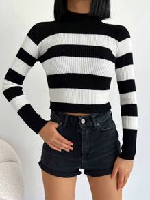 RueChic Striped Pattern Mock Neck Crop Sweater - Black and White - View 1
