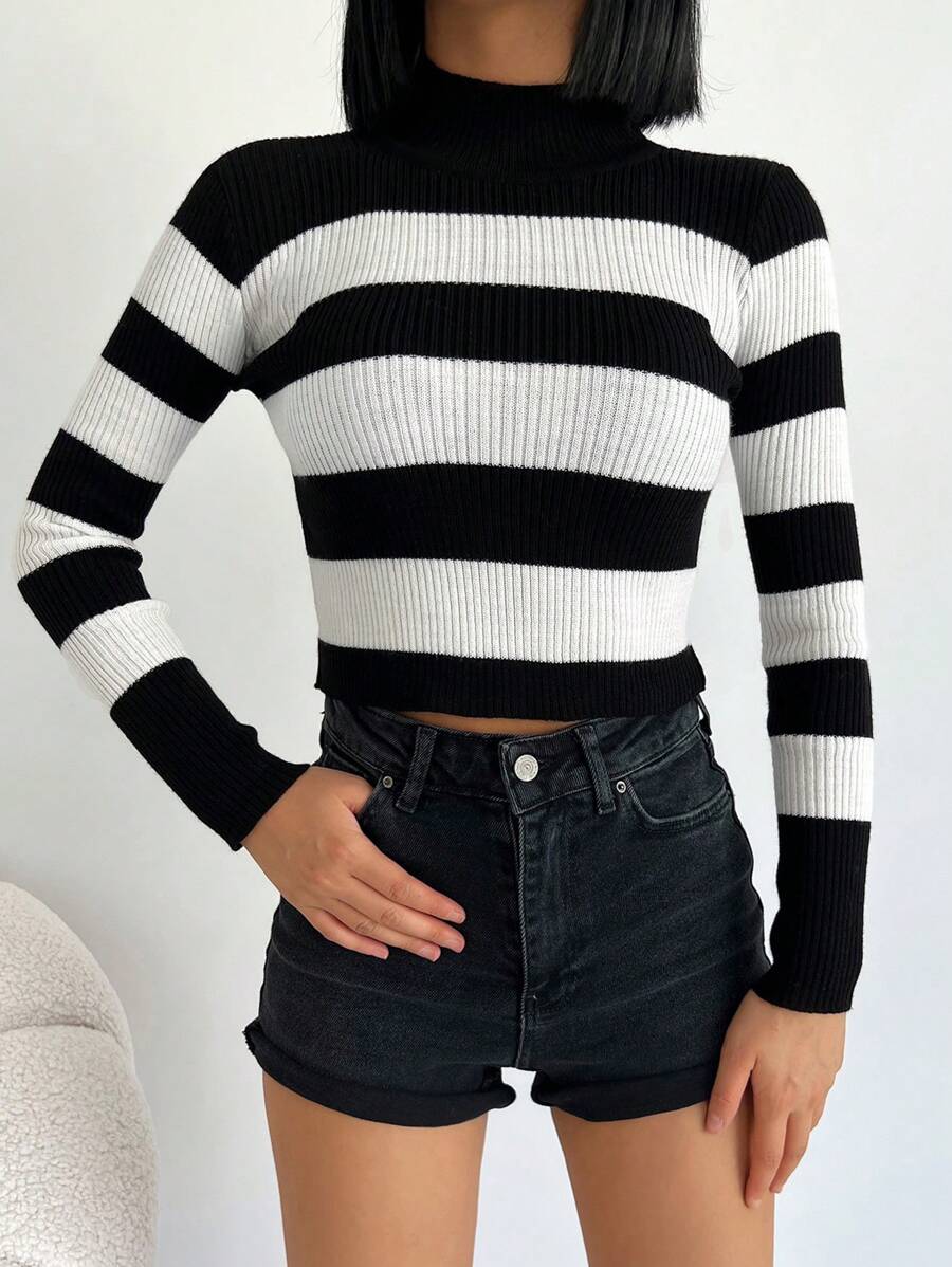 RueChic Striped Pattern Mock Neck Crop Sweater - Black and White - View 1