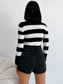 RueChic Striped Pattern Mock Neck Crop Sweater - Black and White - View 2