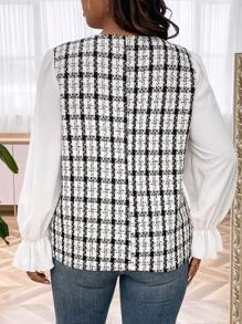 SHEIN LUNE 大碼格紋印花荷葉袖襯衫 - 黑與白 - 查看 2