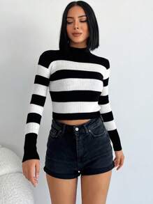 RueChic Striped Pattern Mock Neck Crop Sweater - Black and White - View 3