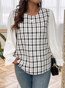 SHEIN LUNE 大碼格紋印花荷葉袖襯衫 - 黑與白 - 查看 3
