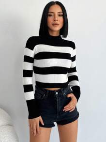 RueChic Striped Pattern Mock Neck Crop Sweater - Black and White - View 5