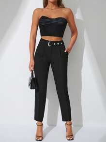 EURMUSE Solid Slant Pocket Carrot Pants - Black - View 5