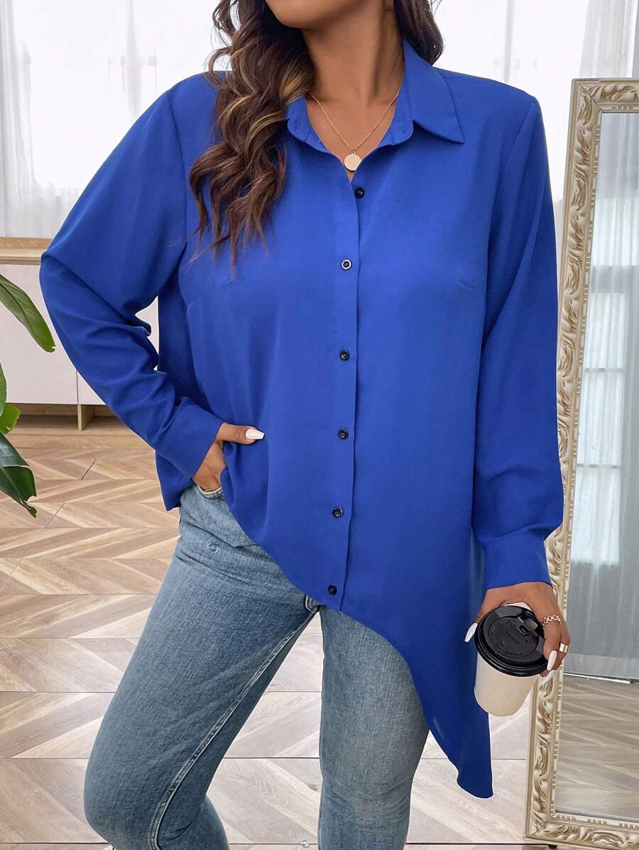 SHEIN LUNE 大碼素色不對稱下擺襯衫 - 藍色 - 查看 1