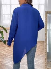 SHEIN LUNE 大碼素色不對稱下擺襯衫 - 藍色 - 查看 2