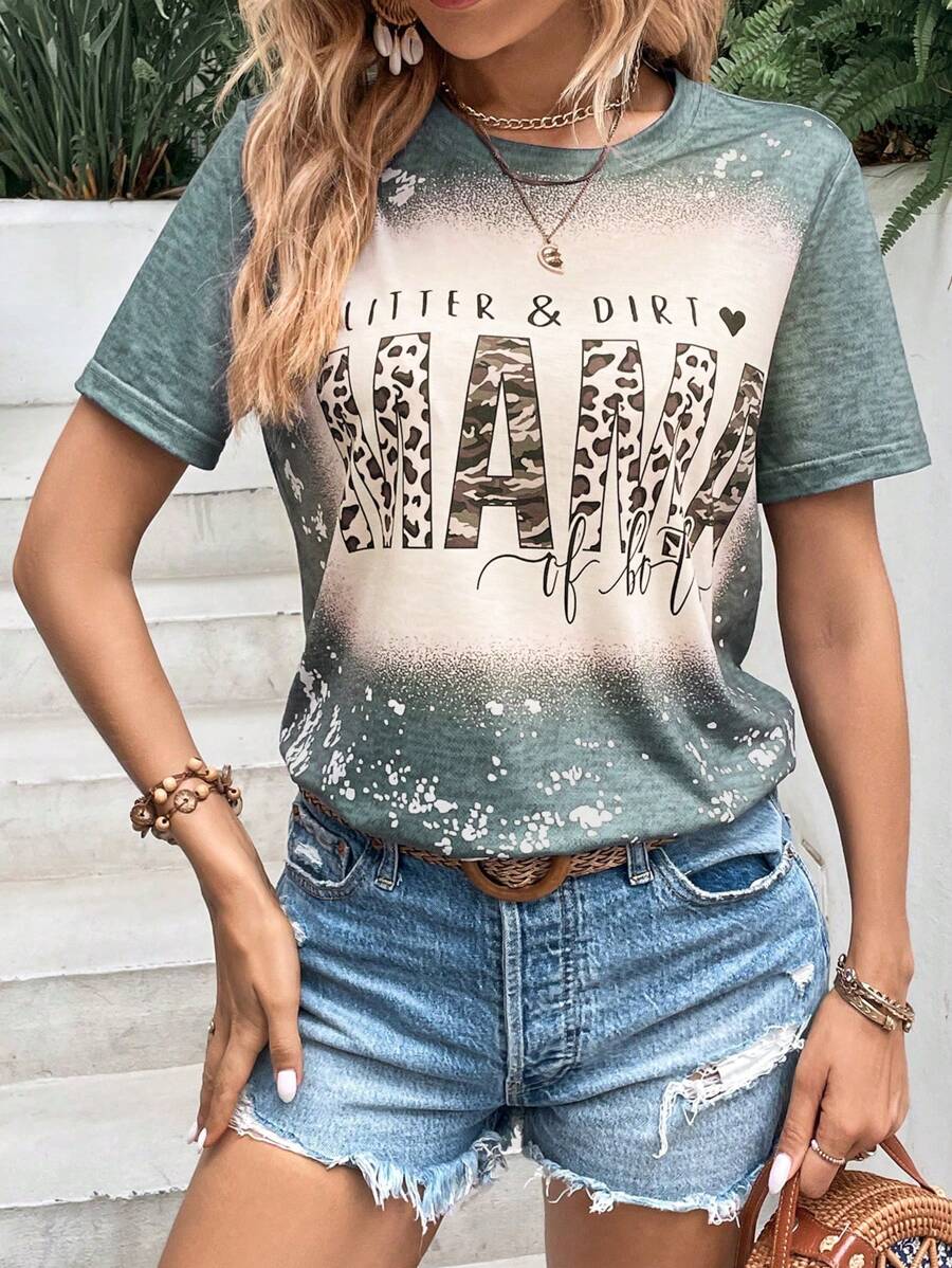 SHEIN LUNE 豹紋和字母圖案T恤 - 綠色 - 查看 1