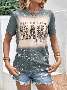 SHEIN LUNE 豹紋和字母圖案T恤 - 綠色 - 查看 4