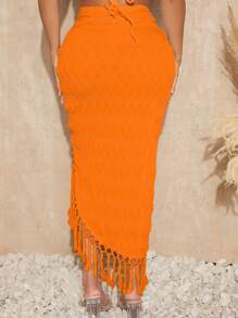 SHEIN SXY Fringe Trim Asymmetrical Hem Skirt - Orange - View 2